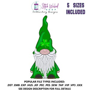 Gnome Machine Embroidery Design, St. Patrick&#39;s Day Gnome Embroidery Pattern, Gnome with Clover Hat, Gnome Pattern, Gnome Design, Gnome DIY
