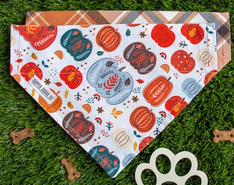 Reversible Fall Dog Bandana: Ornate Pumpkins & Plaid, Slide-On Collar