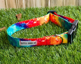 1" Rainbow Tie-Dye Dog Collar Quick Release Hardware, Adjustable Summer Collar, Red Stitching