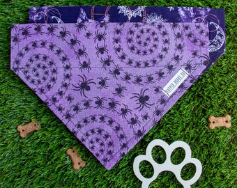 Halloween Dog Bandana, Reversible, Slide-on, Over the Collar, No Tie, 2 Sided, Double Sided Dog Scarf, (Spider Swirls & Celestial Halloween)