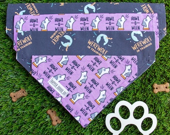 Omkeerbare Halloween-hondenbandana: opschuifkraag, howl-o-ween en weerwolf in training