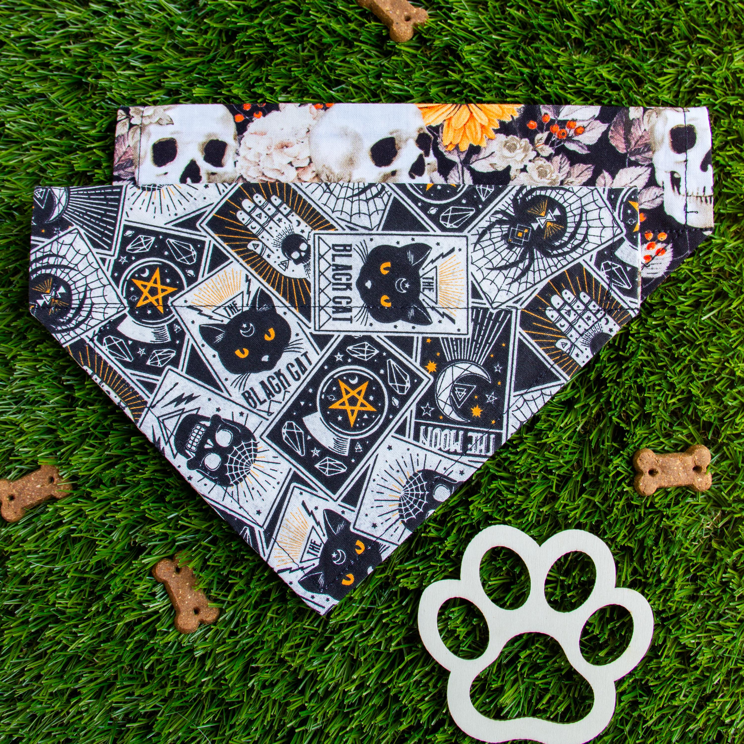 Halloween Dog Bandana, Reversible, Slide-on, Over the Collar, 2 Sided, Double Sided Dog Scarf, (Dried Floral Skulls Orange and Tarot Cards)