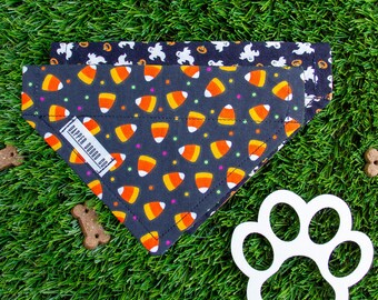 Reversible Halloween Dog Bandana: Candy Corn & Ghost Print, Over-the-Collar