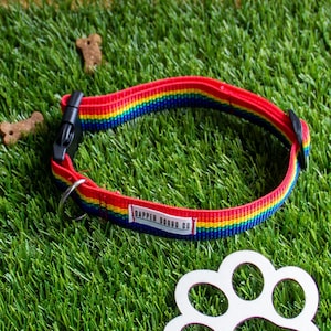 Collar para perro de arcoíris de 1&quot; con herrajes de liberación rápida, collar de verano ajustable, correa de rayas de arcoíris con costura roja