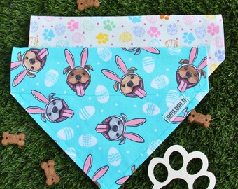 Holiday Pitbull Dog Bandana, Reversible, Slide-on, Over Collar Easter Dog Bandana, Handmade Easter Spring Cotton Dog Scarf