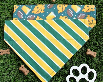 Green and Gold Football Dog Bandana, Over the Collar Reversible, Cheese Beer  Sport Pet Scarf, Customizable Pet Gift