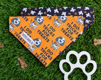 Halloween Dog Bandana, Reversible, Slide-on, Over the Collar, No Tie, 2 Sided, Double Sided Dog Scarf (I Do Tricks For Treats and Ghosts)