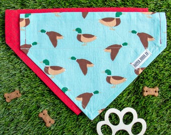 Reversible Hunting Dog Bandana: Mallard Duck & Red Plaid, Slide-On the Collar Scarf