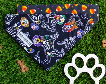 Halloween Dog Bandana, Reversible, Slide-on, Over the Collar, No Tie, 2 Sided, Double Sided Dog Scarf (Candy Corns & Sugar Pups)