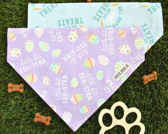 Easter Dog Bandana Over the Collar, Handmade Cotton Pet Scarf, Purple Egg, Little Bit Egg-stra, Blue Bunny Carrot, All Hopped Up on Treats