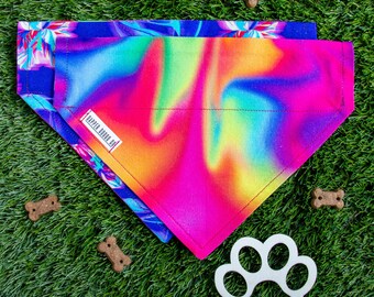 Reversible Dog Bandana: Rainbow Gradient & Glitch Floral, Slide-On the Collar
