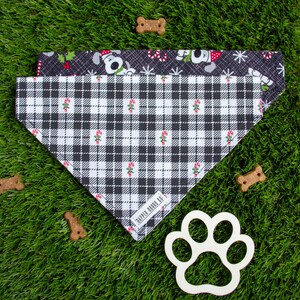 Christmas Dog Bandana, Reversible Slide-on the Collar Scarf (Christmas Pups and Candy Cane Plaid)