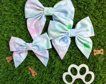 Spring Dog Bow for Dog Collar, Pastel Plaid Cotton Bow, Slip on collar, Sailor Bow, Easter Dog Accessories, Easter Cat Bow, Gift for Pet
