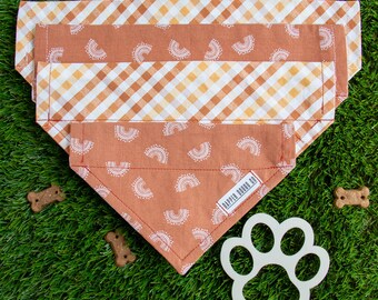 Reversible Fall Plaid Dog Bandana: Boho Rust Rainbow, Slide-On Collar
