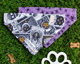 Reversible Halloween Dog Bandana: Tarot Card & Spider Print