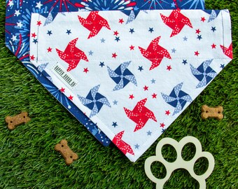 Reversible 4th of July Dog Bandana, Patriotic Fireworks, Pinwheel Scarf
