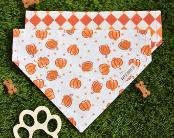 Fall Pumpkin Dog Bandana, Reversible Slide On, Over the Collar, Retro Check Design, Dog Mom Gift