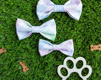 Spring Bow Tie for Dog Collar, Pastel Plaid Cotton Dog Bow, Slide-On Collar Accessory, Easter Dog Collar Bow, Pet Bow Tie, Cat Bow Tie