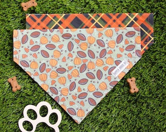 Football Dog Bandana, Over the Collar Reversible Slide On, Game Day Pumpkin Fall Design, Dog Gameday Accessory