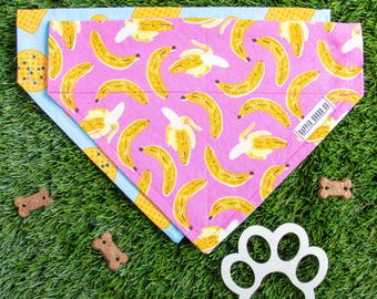 Reversible Dog Bandana: Foodie Pink Banana & Blueberry Waffles, Over the Collar Scarf