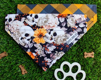 Reversible Halloween Dog Bandana: Floral Skulls & Orange Plaid