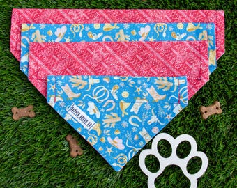 Reversible Dog Bandana: Western Cowboy Print& Mud cloth Pattern, Slide-On the Collar Scarf