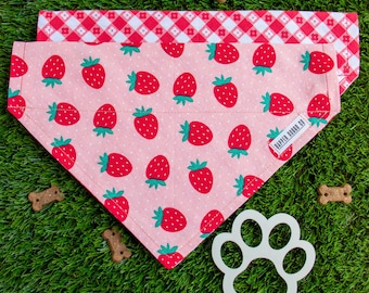 Reversible Strawberry Dog Bandana: Slide-On the Collar, Summer Gingham