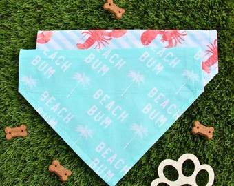 Beach Dog Bandana, Slide on Over the Collar, Lobster Stripe & Beach Bum, Custom Dog Gift