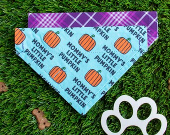 Reversible Fall Dog Bandana: Purple Plaid & Pumpkin Print, Over-the-Collar Scarf