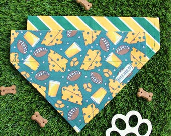 Football Dog Bandana Personalized, Over the Collar Reversible, Cheese Beer Gameday & Green and Gold Stripe, Sport Pet Scarf