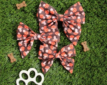 Fall Dog Sailor Bow , Slide On, Over the Collar Dog Accessory, Handmade Cottagecore Mushroom Print Autumn Gift