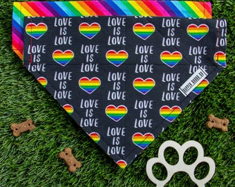 Reversible Pride Dog Bandana: Love is Love & Rainbow Stripe, Slide-On Collar