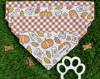 Reversible Fall Plaid Dog Bandana: Pumpkin Spice Latte Leaves, Slide-On Collar