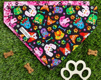 Reversible Dog Bandana: Tie Dye Paws & Sugar Skull Scarf
