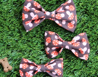 Fall Dog Bow Tie, Mushroom Print, Slide on Collar Accessory, Autumn Pet Gift