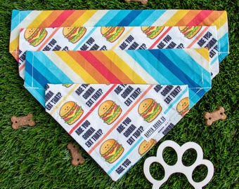 Funny Reversible Dog Bandana: Burger Are You Gonna Eat That? & Retro Stripe, Over-the-Collar Scarf