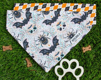 Halloween Dog Bandana: Reversible Slide-On Collar Scarf, Bats, Spiders, Skulls & Orange Harlequin Pattern
