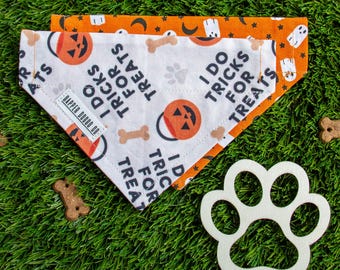 Halloween Dog Bandana, Reversible, Slide-on, Over the Collar, No Tie, 2 Sided, Double Sided Dog Scarf (Tricks for Treats & Orange Ghosts)
