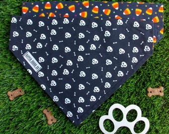 GLOW in the DARK Reversible Halloween Dog Bandana: Glow-in-Dark Skeleton & Candy Corn
