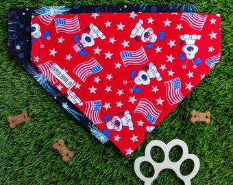 4th of July Dog Bandana, Reversible, Slide-on, Over the Collar, No Tie, 2 Sided, Double Sided Dog Scarf, (Fireworks and American Flag Pups)