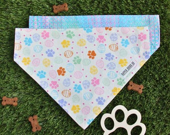 Slip Over Collar Holiday Dog Bandana, Handmade Easter Spring Cotton Dog Scarf, Easter Egg Paw Prints & Disco Ball Print, Pet Bandana