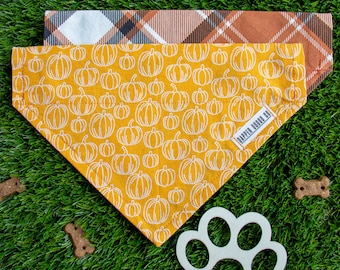 Reversible Fall Pumpkin Dog Bandana: Slide-On Collar, Plaid & Pumpkin Print
