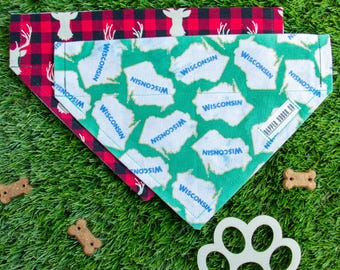 Reversible Wisconsin Dog Bandana: Deer Plaid & State Pride, Over-the-Collar