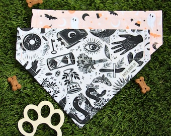 Halloween Over the Collar Dog Bandana, Reversible Slide On, Witchy Celestial Moon Stars, Light Orange Ghost, Dog Halloween Gift