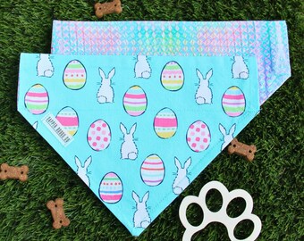 Personalized Easter Dog Bandana, Spring dog Scarf, Slip-on the Collar Pet Accessory, Bunny Eggs Print, Dog Gift, Custom bandana