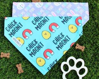 Easter Dog Bandana, Reversible, Slide-on, Over the Collar, No Tie, 2 Sided, Double Sided Dog Scarf (Chick Magnet and Some Bunny Loves You)