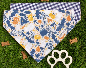 Reversible Halloween Dog Bandana: Witch Hat, Bats, Pumpkins & Fall Navy Gingham