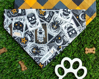 Reversible Halloween Dog Bandana: Tarot Card & Orange Plaid, Slide-On the Collar Scarf