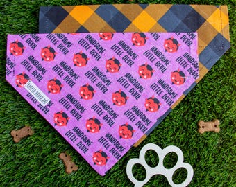 Halloween Dog Bandana: Reversible Slide-On Collar Scarf, Handsome Little Devil & Orange Plaid