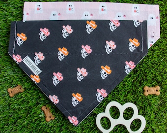 Reversible Halloween Dog Bandana: Western Skulls & Coffee Ghosts